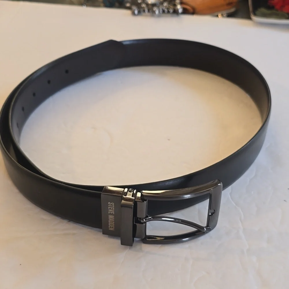 Steve Madden| Mens Black Premium Leather Dress Belt GUN METAL Buckle Sz.36